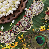 Vriksham Designer Peacock Grace & Floral Circle Precious Kemp Hipbelt-Pearl-Red Green & White-G20492